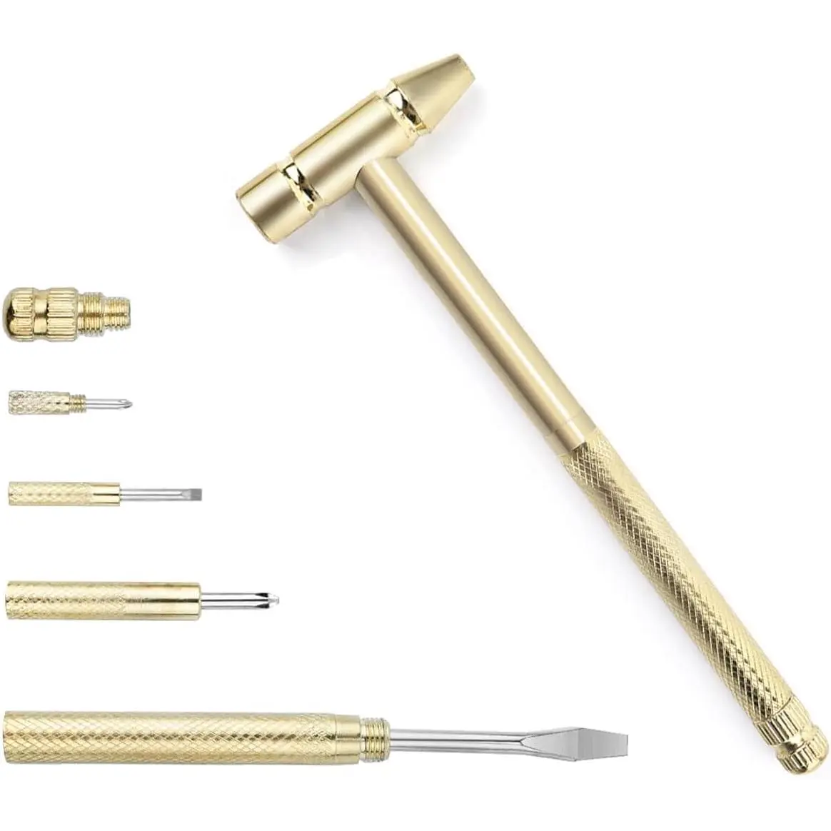6-in-1 Micro Mini Multifunctional Anti-Corrosion and Anti-Rust Copper Hammer and Screwdriver Hand Tool, Mini Screwdriver Hammer is perfect for opening walnut repair drone phones (Yellow)