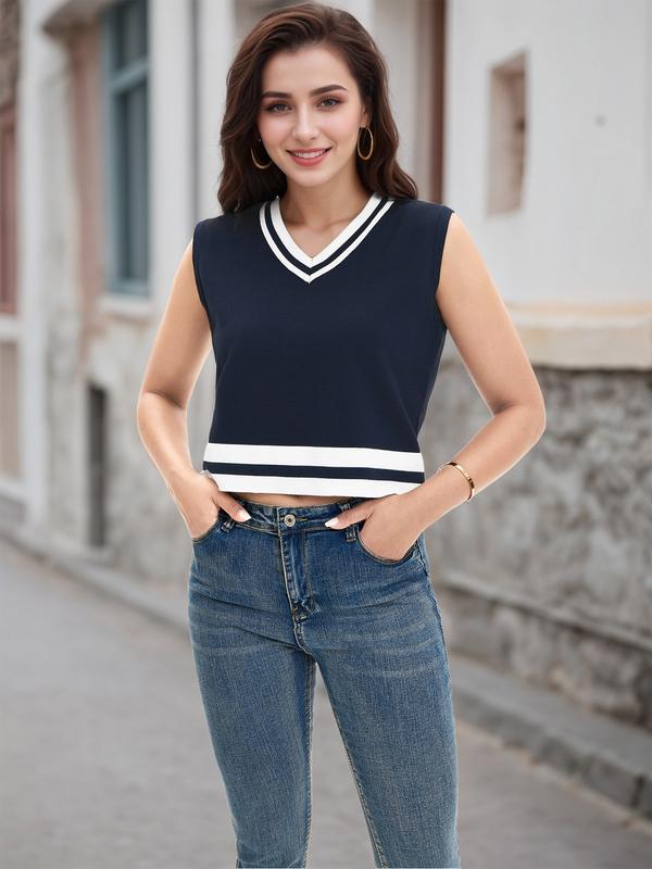 ATHLECHIC Women's Summer Crop Tops Knit Vest Color Block Sleeveless V Neck Tank Tops Loose Fit Tops Dark Blue White