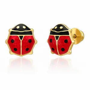 14K Yellow Gold Ladybug Earrings for Womens Girls - Red & Pink Lady Bug Stud Earrings Screw Back 6.5mm