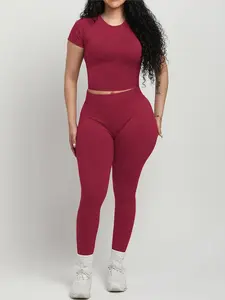 Seamless Workout Sets for Women 2 Piece, Women's Sporty Slim Fit Knitted Set, Round Neck Seamless T-Shirt Tank Top + Mid Waist Butt-Lifting Pants, Outdoor Running Yoga GYM Tracksuit Sets for Women, Sportswear For Gym