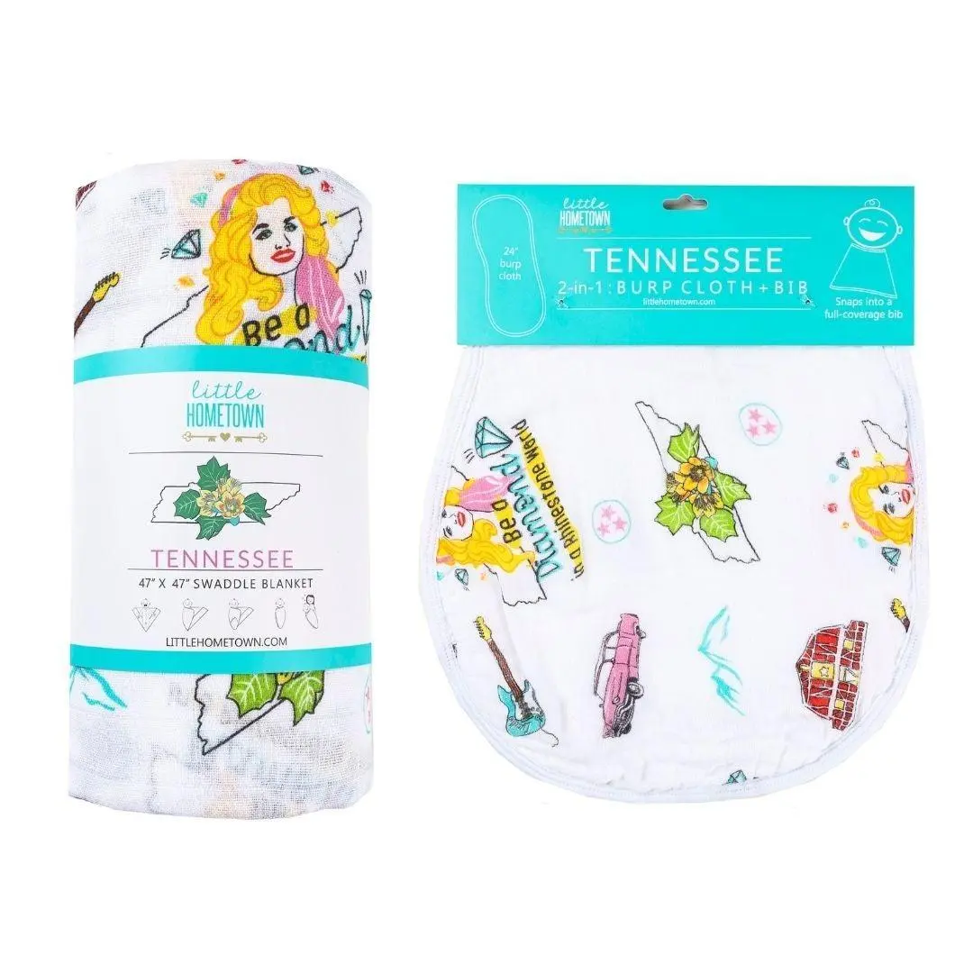 Tennessee Floral Baby Muslin Swaddle Blanket and 2-in-1 Burp Cloth Snap Bib Little Hometown Gift Set Breathable Bamboo Organic Cotton Newborn Baby Shower Gift