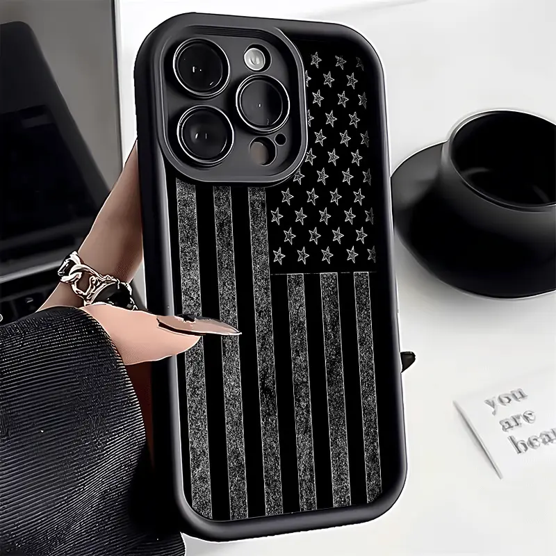 Silvery & Black National Flag Pattern Transparent Silicone Case for iPhone 17 Pro Max Plus Air, 16/15/14 Pro Max, 13/12/11/XS Plus - Military-Grade Shockproof, Non-Slip Cute Accessories Smartphone Cover Gift for Women, Single