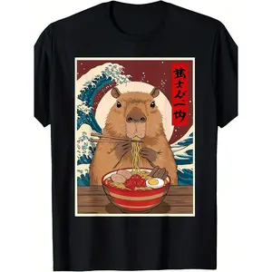 Capybara Ramen Japanese Anime Graphic T-Shirt - Kawaii Unisex Tee with Cute Capybara Eating Ramen & Japanese Text