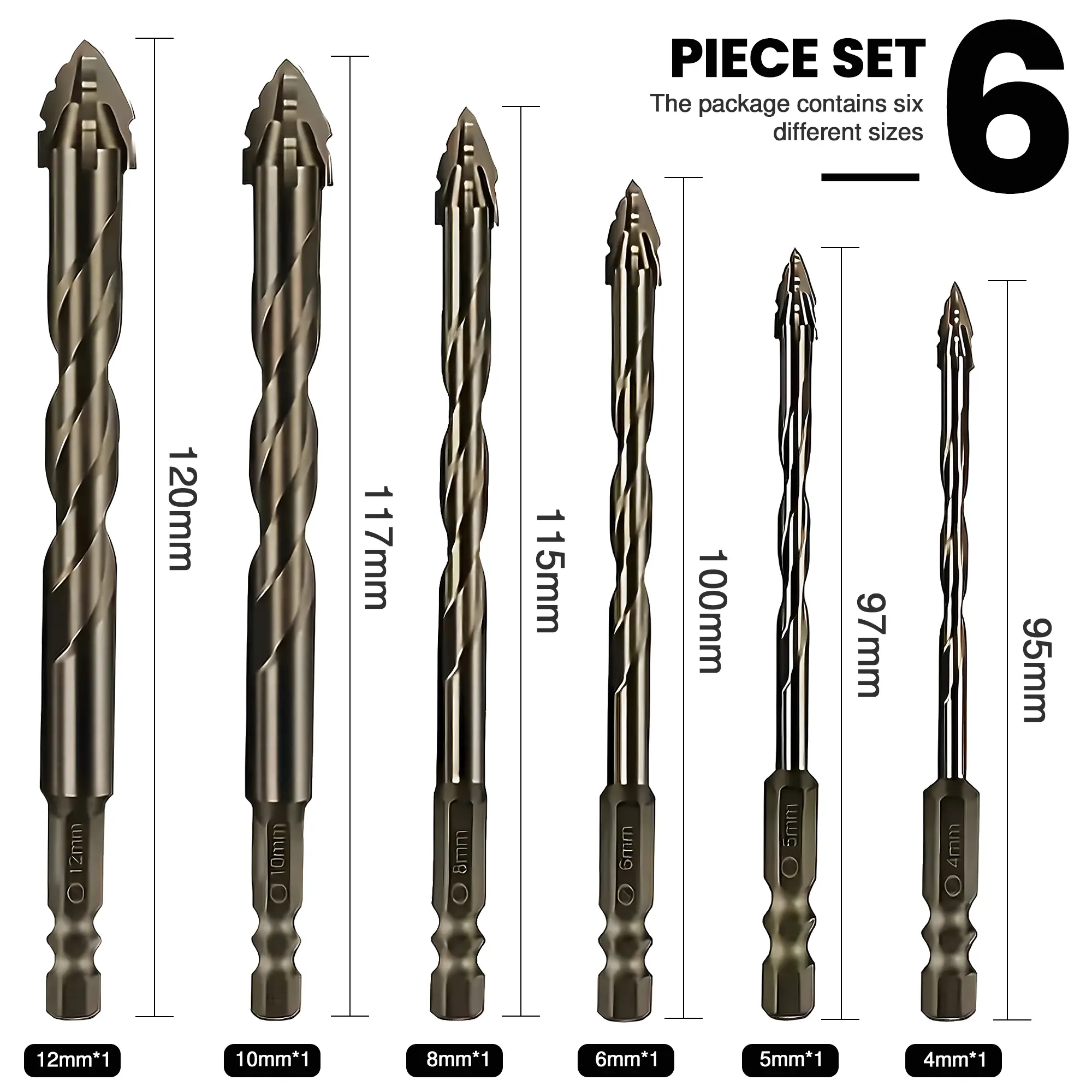 6-Piece 4-Flute Sawtooth Eccentric Carbide Tips Drill Bit Set, Heavy-Duty for Stone, Glass, Concrete (4/5/6/8/10/12mm) with High-Strength Unique Thread Cutting Feature, Screwdriver Bits Set, Carbide Tips Drill Bit Sets