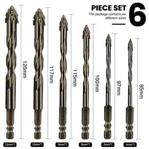 6 Pcs Four-Flute Sawtooth Eccentric Drill BitSet, Heavy-Duty Carbide Tip for Stone GlassConcrete Wood Brick Metal (4/5/6/8/10/12mm)High-Strength Unique Thread Cutting Feature.