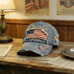 America 250th Anniversary Distressed Denim Baseball Cap - American Flag Patch, 1776-2026 Patriotic Ripped Jeans Hat for Men and Women
