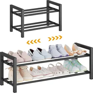 2-Tier Expandable Shoe Rack (17.5"-30.7") – Adjustable Heavy-Duty Metal Shoe Organizer Shelf for Closet, Entryway, Mudroom & Garage – Durable Freestanding Storage, B