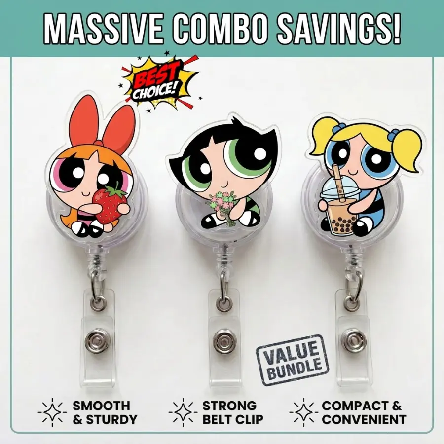 [Best Value Bundle] Cute Powerpuff Girls Badge Reel, Retractable Id Holder For Doctor And Healthcare Staff, Cute Cartoon Design For Daily Work Use And Gift Idea