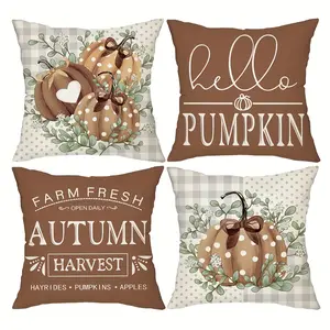 4pcs,  Autumn Home Decoration Pillowcase, Country Style Polka Dot Pumpkin Eucalyptus Leaf Cushion Case, Comfortable Farmhouse Home Decoration Pillowcase, Suitable for Porch Patio Sofa Living Room Outdoor, Single-sided Printing, Without Pillow Core