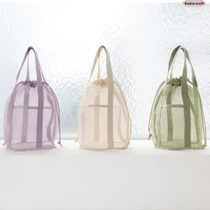 Ultralight Foldable Mesh Tote Bag Portable Drawstring Storage Organizer Quick-Dry Shower Caddy Breathable Gym Wash Pouch Beach Travel Essentials Vacation Must Haves For Women Men