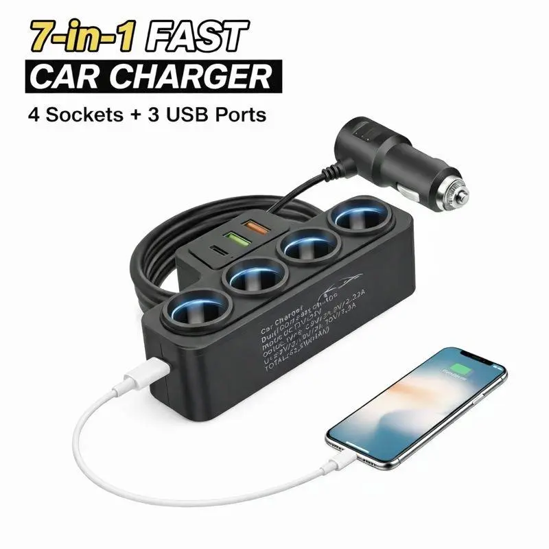 120W Fast Car Charger Adapter with 4 Sockets, 7-in-1 Power Splitter with 2 PD & 2 QC3.0 USB Ports, Super Fast Charging Station for 12V/24V Car Truck SUV Accessories, Car-Mounted Chargers, Fast Charger Chargers