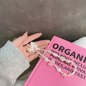 Coquette Bow Pink And Pearl Shiny Heart Phone Strap Phone Charm Shimmery Spring Summer Phone Accessories Beaded Charms Phone  Kindle Strap