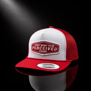 “Perceived Today Statement Trucker Hat – Red White Mesh Snapback Cap, Bold Quote Streetwear Y2K Unisex Graphic Cap”