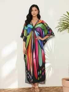 Plus Size Butterfly Print Split Side Kaftan Dress, Boho V Neck Batwing Sleeve Long Dress for Beach Holiday Vacation, Women's Clothes for All Seasons