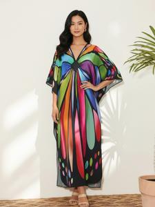 plus size butterfly print split side kaftan dress, boho casual v neck batwing sleeve long dress for beach holiday vacation, women's clothing for all seasons, summer dresses, womenswear, boho clothes women