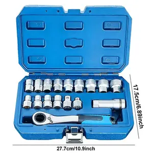17-Piece Pass Through Ratchet Socket Set 10-24mm Metric 3/8"-1/2" SAE Thin Wall Hollow for Long Bolt Nut Removal Automotive Repair Hand Tool Kit