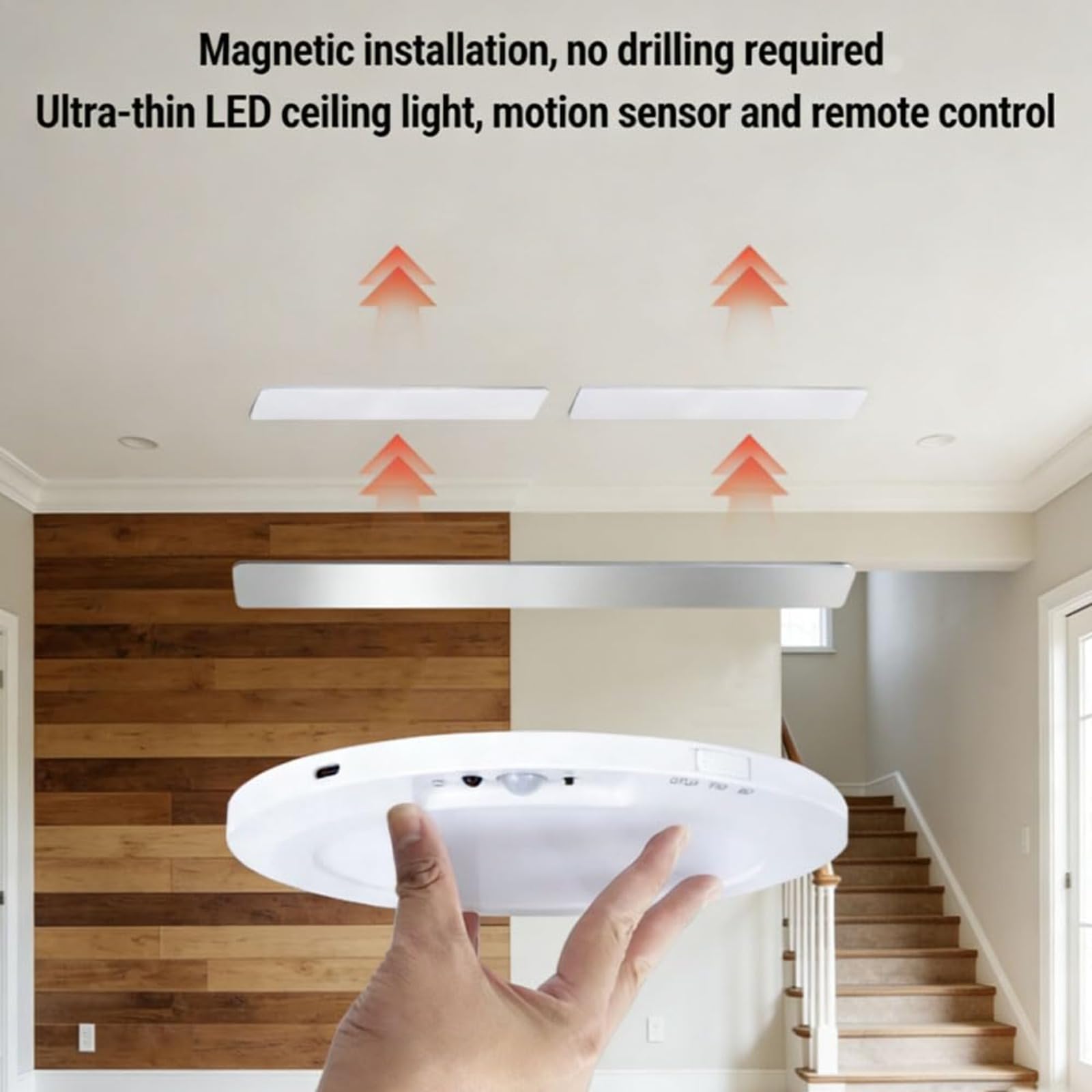 Rechargeable Wireless LED Motion Sensor Ceiling Light with Remote, Magnetic Dimmable 3-Color Battery Operated Lights, 7.48in Ultra-Long 60-Day Life for Closet Shower Hallway Stairs