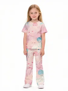 New girl 2-piece set of long pants and short sleeves with 3D print design Pink Jellyfish Hearts Stars Blue Tentacles Short-sleeved round neck set, casual, simple and comfortable clothing, suitable for daily wear