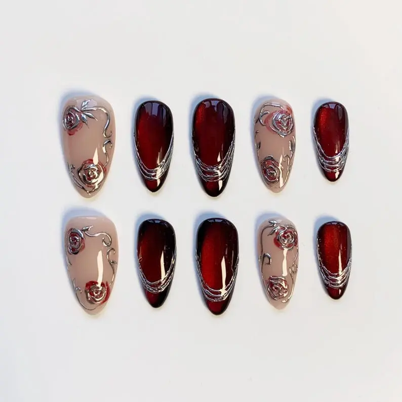 Burgundy Nails/Dark Red Cat Eye Nails/Red Rose Nails/Fall Nails/Fall Press on nails long almond nails/3D Silver Chrome Nails/Bling Nails