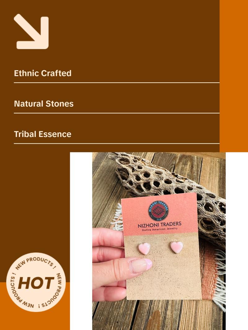 Navajo Queen Pink Conch & Sterling Silver Heart Stud Earrings