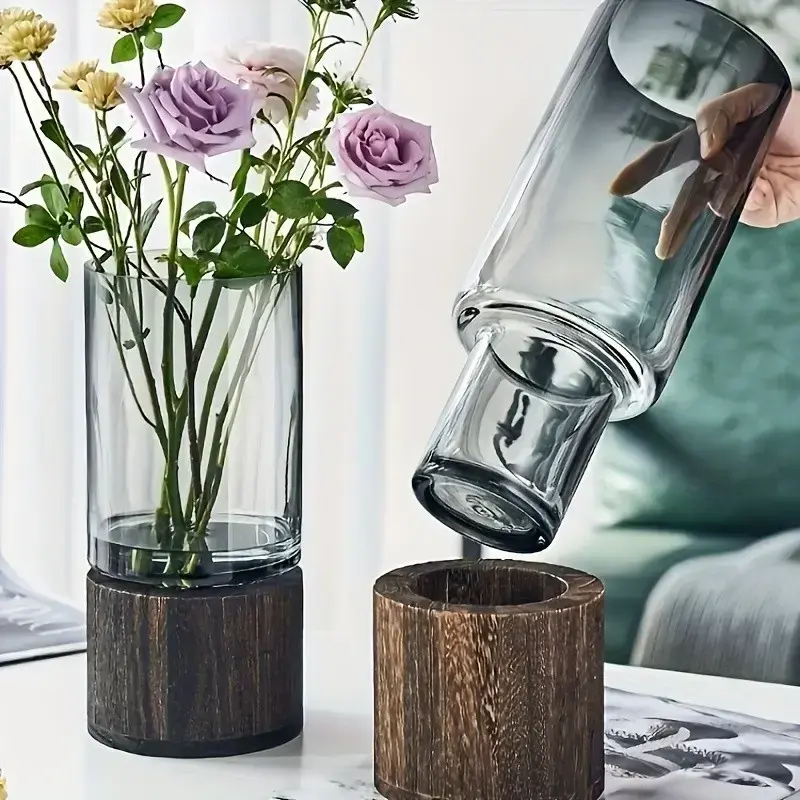 Luxury Glass Vase with Wooden Base,home decorative vase，Vases for Flowers,Classic Boho Rustic Style for Fireplace Bedroom Kitchen Living Room Centerpieces Office Desk，flower vase
