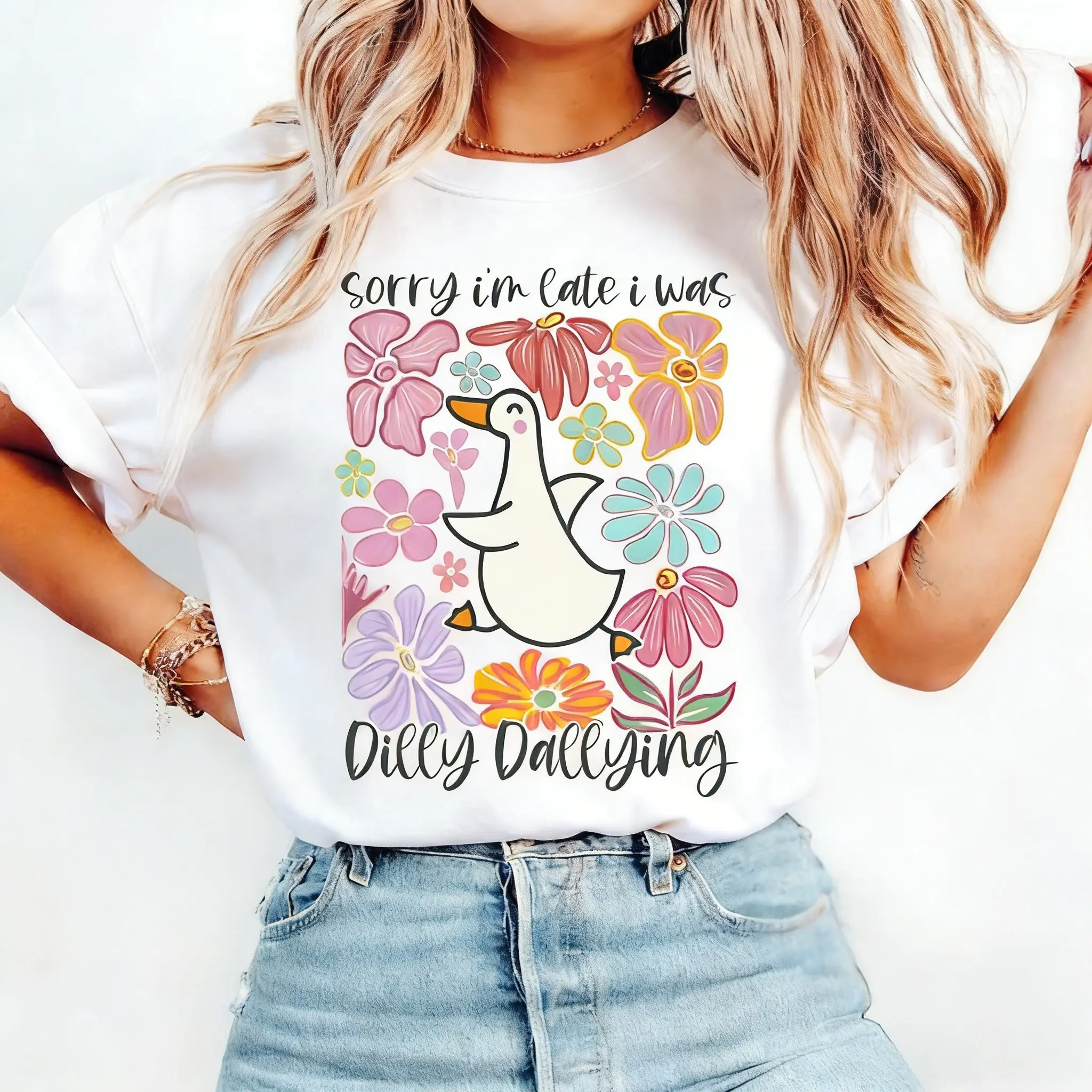 Sorry I'm Late I Was Dilly Dallying Goose Shirt, Floral Goose T-shirt, Sarcastic Retro Tee, Funny Mama T-shirt, Boho Floral Tshirt Unisex Casual Top,summerwins,Street,wome,shirts