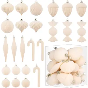 Velvet Ornaments for Christmas Tree Decorations - Cream Flocked Christmas Ornament Set for Winter Holiday Decor - Shatterproof Xmas Balls Ornaments Bulk - Pack of 24