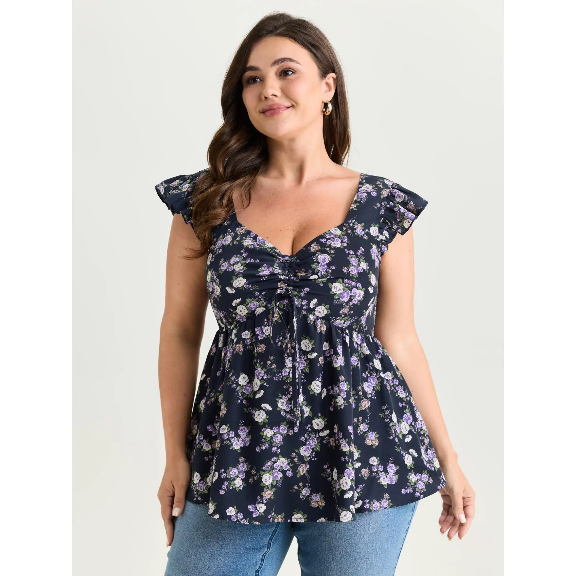 BloomChic Women's Plus Size Cropped Blouse - Classic Ready-to-Wear Short-Sleeve Ditsy Floral Polyester Top with Smocked Drawstring Bodice, Machine Washable Summer Finds, Shortsleeve