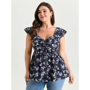 BloomChic Women's Plus Size Short-Sleeve Indigo Floral Print Drawstring Bodice Blouse - Smooth Polyester Fabric, M-6X Sizes, 2026 Summer Top, Mother's Day Pick, Flattering Fit