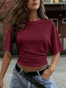 Women's Summer Knitted Simple Y2K Basic Daily Casual Back-to-School Street Style Stretch Loose Pleated Short Crew Neck T-Shirt, Fashionable Daily Casual All-Match Four-Season T-Shirt