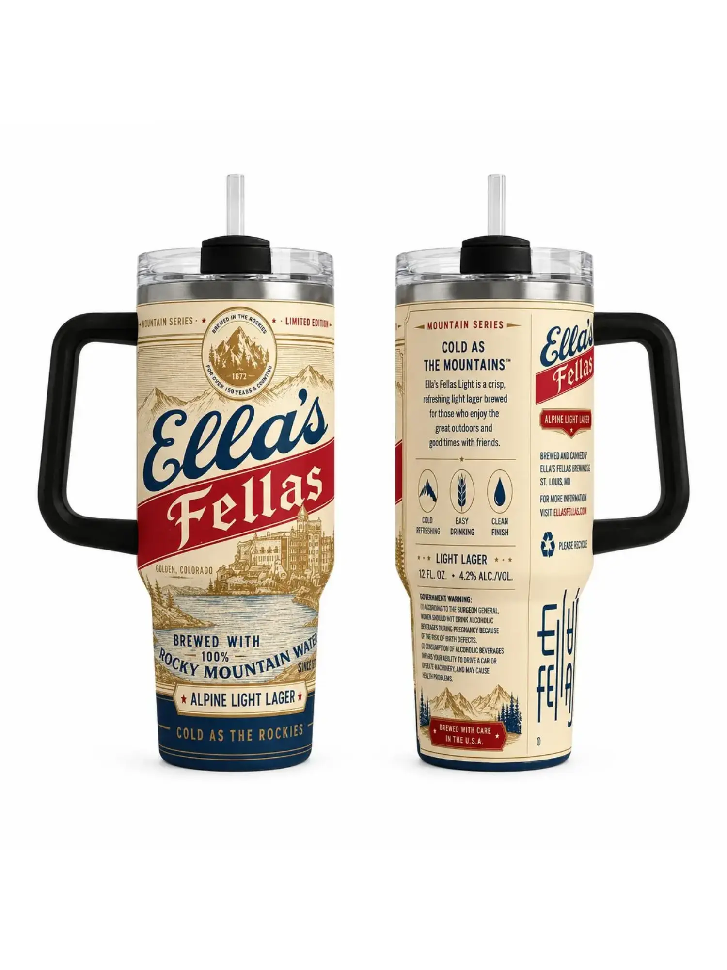 Ella’s Fellas Mountain Series Tumbler, 30oz 40oz Ella Fan Club Cup With Handle, Rocky Mountain Alpine Label Drinkware Gift, No Straw