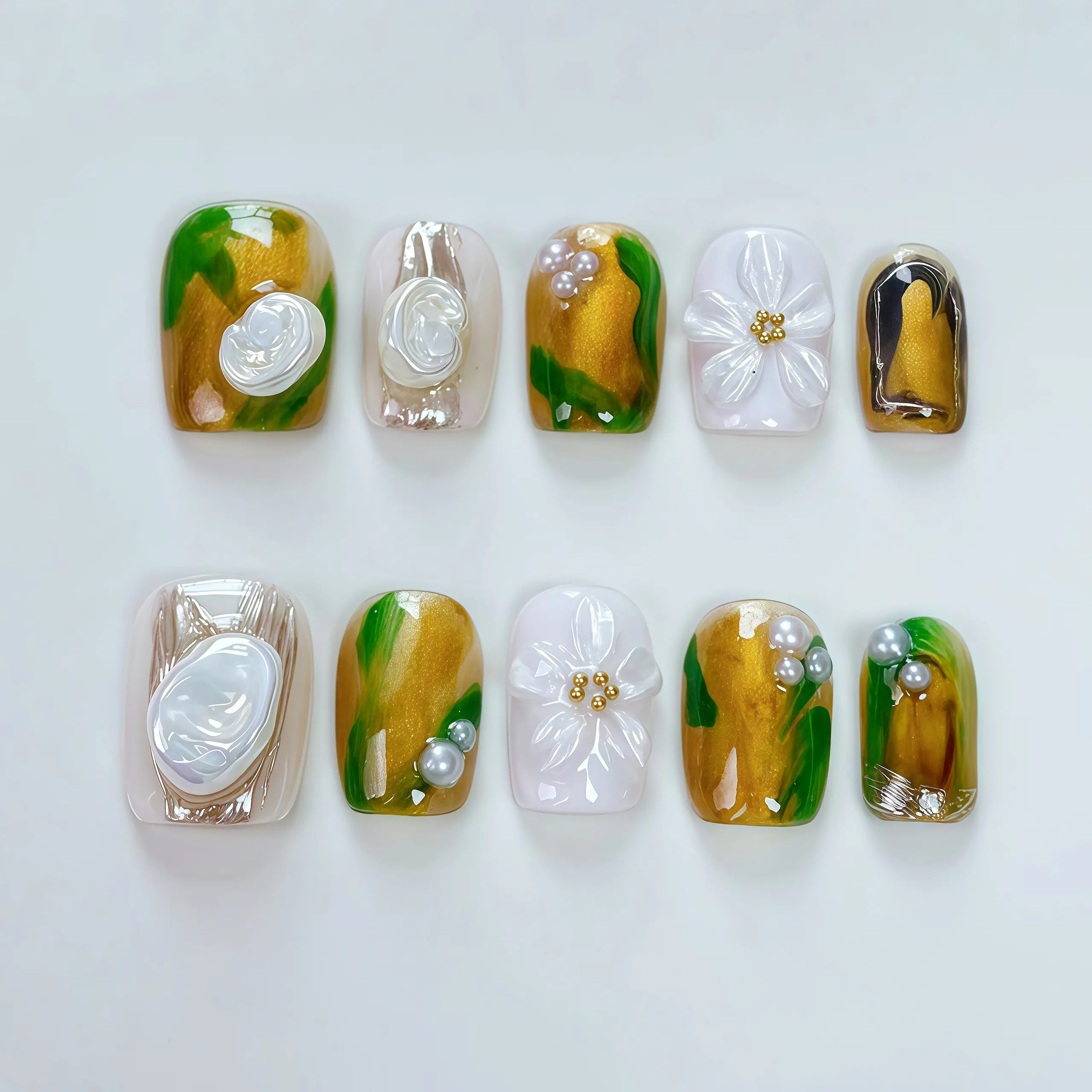 JC T101 Handmade Press-On Nail Kit, Reusable Glossy Acrylic Nails with French Tips - Almond & Coffin Shapes for a Lightweight Fashion & Beauty Look, Designs, Fingertips