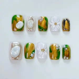 JC 2025 New T101 Handmade Reusable Press-On Nail Kit - Beauty Nail Art with Almond-Coffin Shapes, Thick Glossy Acrylic French Tips, Flower Designs, Easy Paste, Lightweight Fingertip Fit, Fingertips