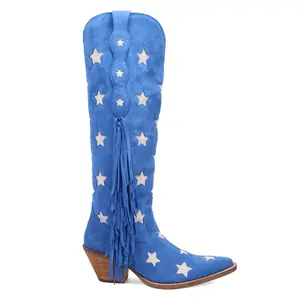 Dingo Womens Super Star Fringe Tooled Inlay Snip Toe  Casual Boots Over the Knee Mid Heel 2-3" - Blue