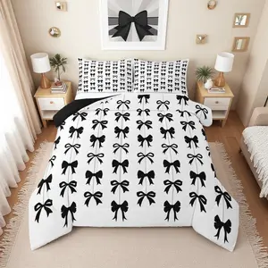 Black Bow Comforter Set for Girls | Coquette Bow Tie Bedding Set,for Kids Women,Black and White Ribbon Bows Bed Set,Cute Preppy Bowknot Room Decor