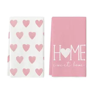 Artoid Mode Pink Heart Love Home Sweet Home Valentine's Day Kitchen Towels Dish Towels, 18x26 Inch Anniversary Wedding Decoration Hand Towels Set of 2