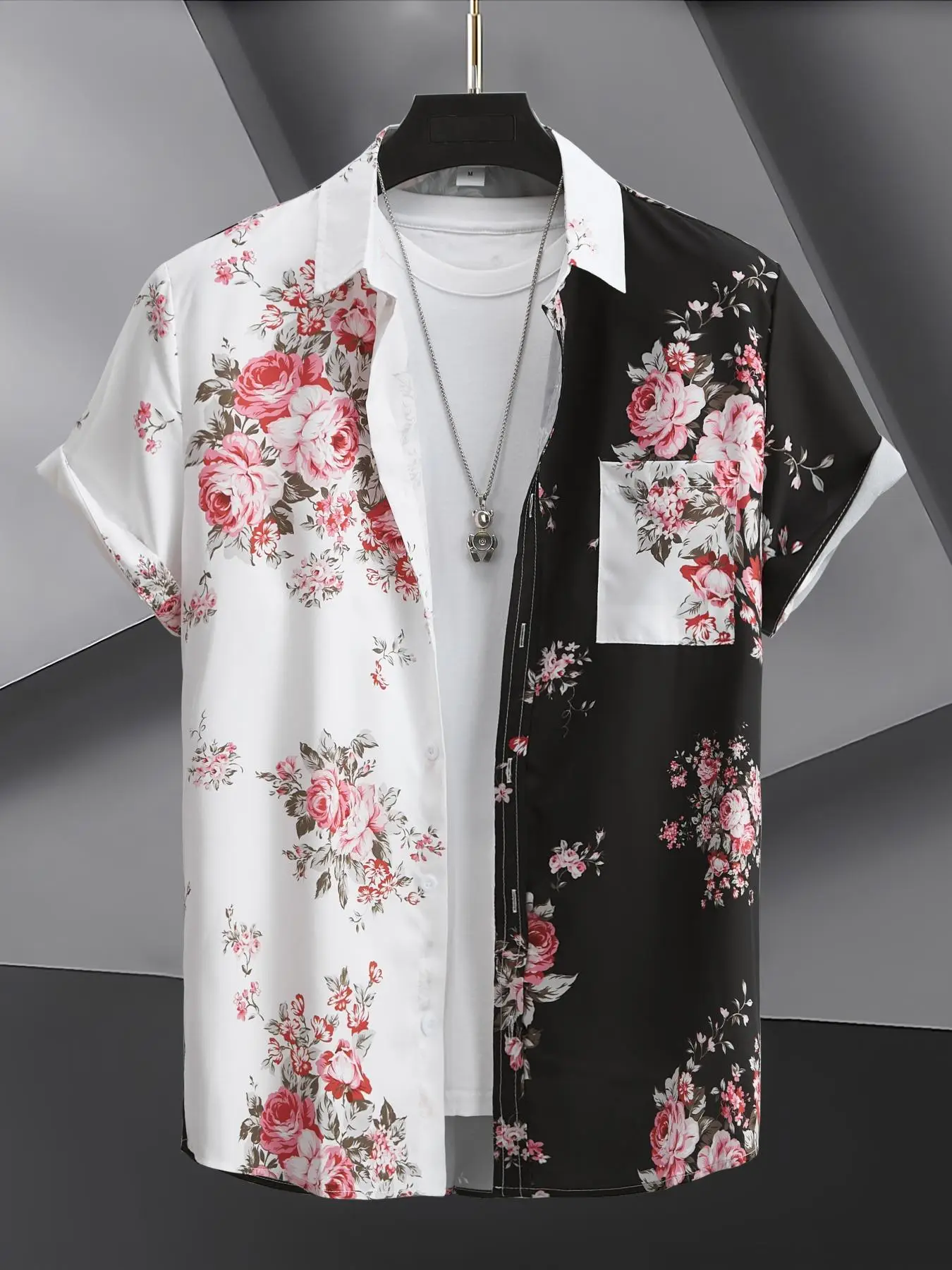 Men's Colorblock & Floral Print Button Front Shirt, Loose Casual Pocket Short Sleeve Top for Summer, Mens Shirts, Summer Clothes, Men's Clothes for Da