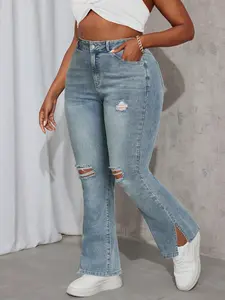 Women's Plus Size Washed Flared Fashion Denim Jeans, Ripped Design, Split Hem Pants, Casual Fashion, Comfortable Fit, Perfect for Everyday Wear