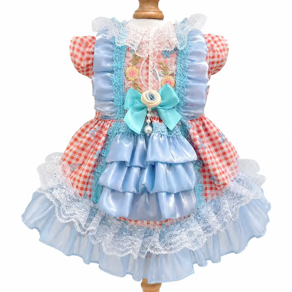 [Pangxigua] Dog Red Gingham Plaid Lolita Dress - Cyan Ruffled Layers Lace, Floral Embroidery Chest, Blue Satin Tiered Tutu Outfit, Multi-Size Pet Clothing