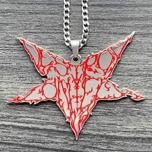 Red Destroy Lonely Star Necklace 1.5" Mirror Polished Opium Pendant Laser Carved Stainless Steel Red Enamel Chain Free Gift Included