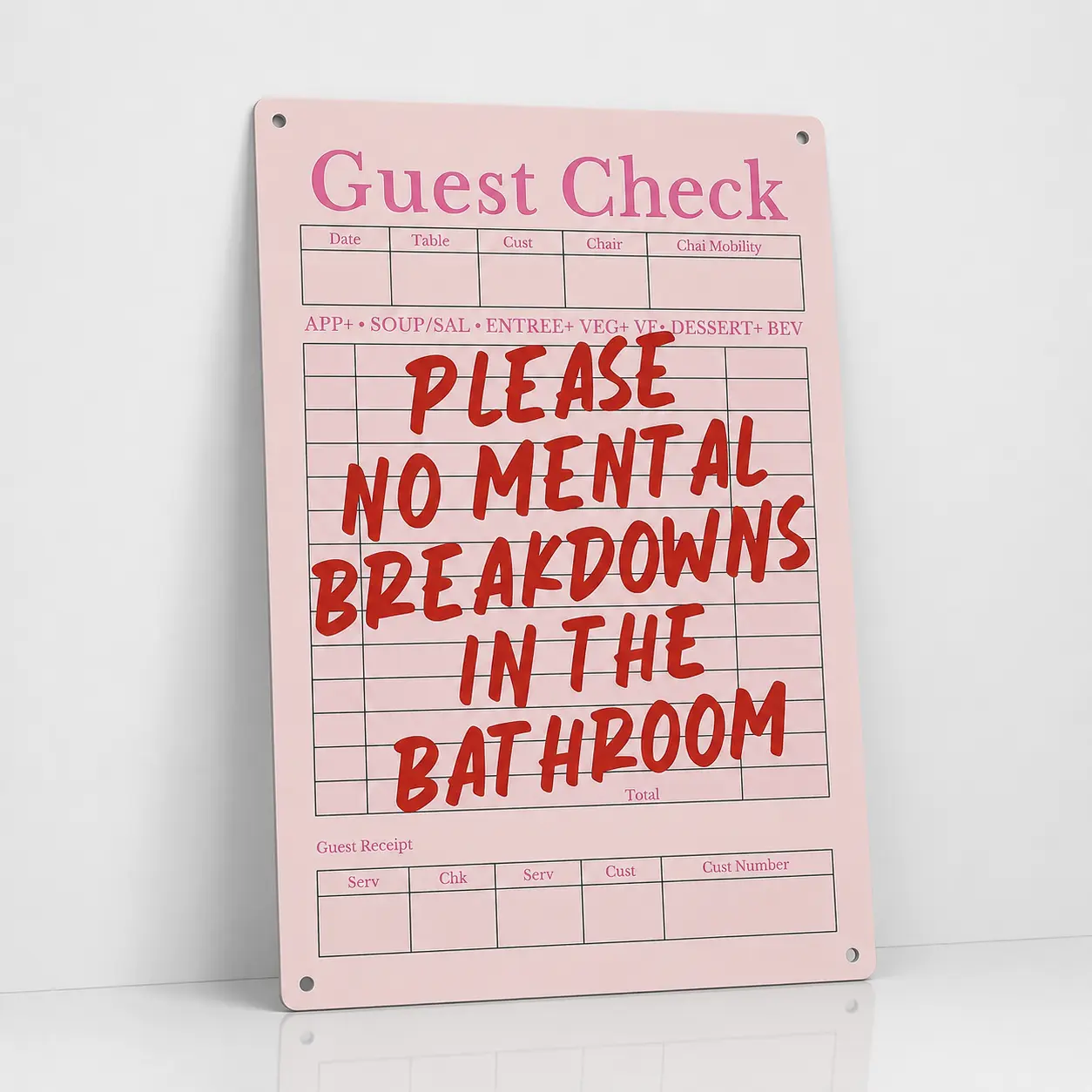 8x12 In Guest Check Metal Plaque, Pink Y2K Bathroom Wall Art with "Please No Mental Breakdowns In The Bathroom" Text - Room Decor, Cute Room Stuff, Funny Decor, 2000s Home Signs, Alternative Style Home Signs