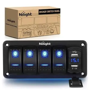 Nilight 4-Gang Aluminum 5-Pin ON/OFF Blue Rocker Switch Panel, 4.8A Dual USB Charging Port, LED Display Voltmeter