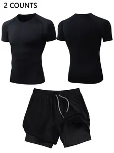 Men's Sportswear Set, Tight-Fitting Short Sleeves + Multi-Pocket Dual-Layer Shorts, Running Fitness Outdoor Sports Wear, Fitness Activewear, All-Season Use