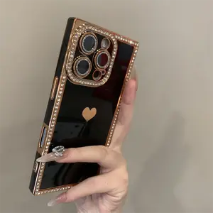 Premium INS Heart-Shaped Diamond-Encrusted Square Case Compatible with IP16 Phone Case IP15 Pro Max Lens Film 13/14 High-Quality TPU & PC Anti-Drop Protection Case with 9H Hardness Tempered Glass Lens Film