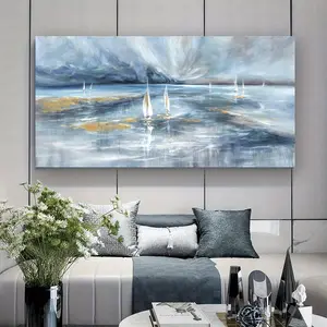 Canvas Wall Art, Sunrise Sailboat Beach, Blue Waves, Marine Art, Large Modern Artwork, Canvas Prints, Contemporary Pictures, Framed, Ready To Hang For Home Decor
