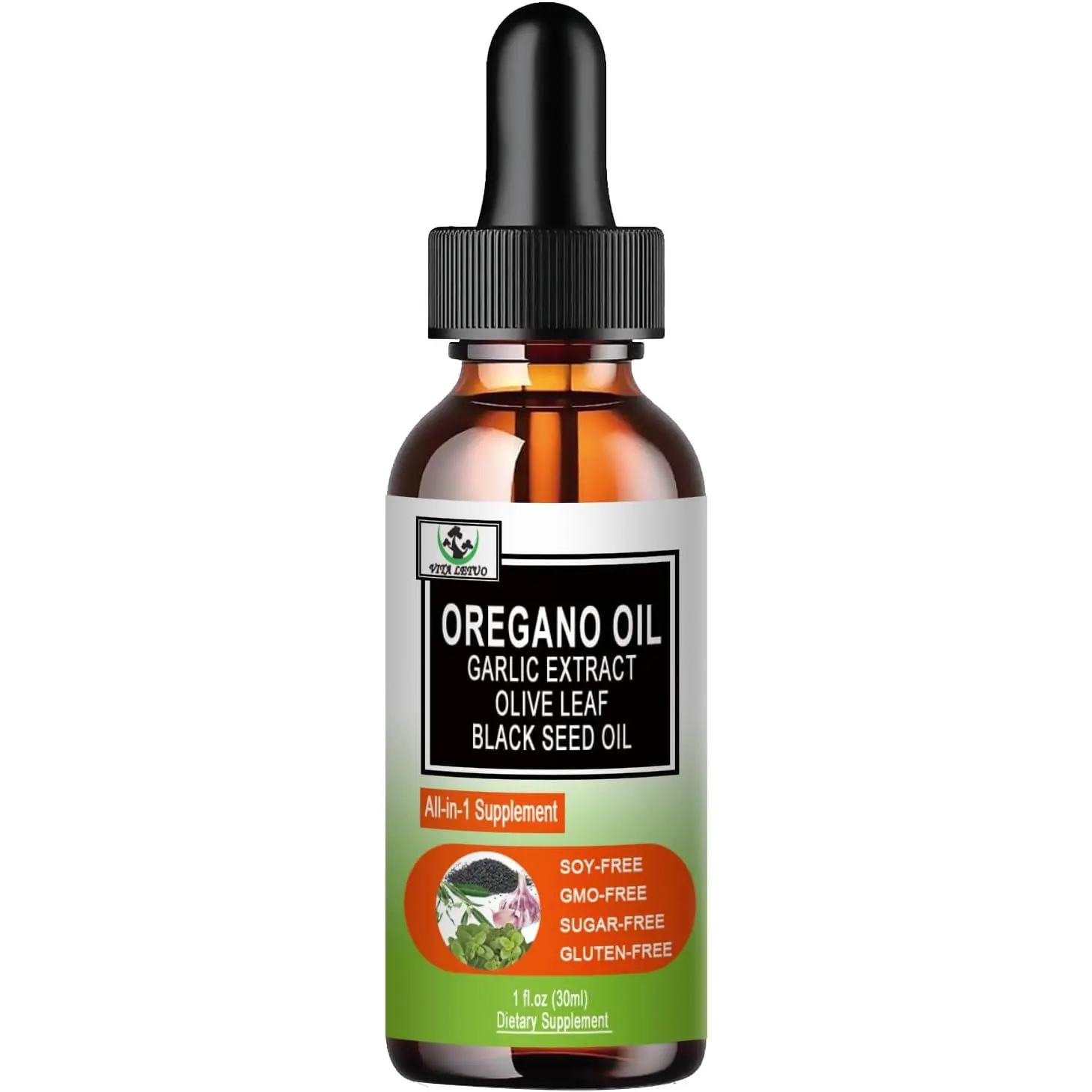 Vita letuo Organic Oil of Oregano with Black Seed Oil, Oregano Oil Liquid Drops w/Garlic Olive Leaf Elderberry for Immune,Digestive Support & Antioxidant,Seasonal Support Supplement for Women Men