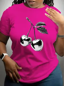 Women's Plus Size Cherry Print Round Neck T-Shirt, Casual Short Sleeve Top, Fashionable Leopard Pattern, Spring Summer Wear