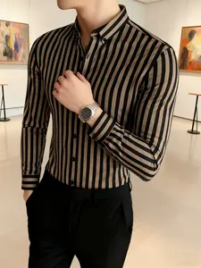 Men's Casual Striped Fitted Long Sleeve Shirt Cs381, Anti-Wrinkle Quick-Dry Fabric, Double Button Woven Material, Medium Thickness, All-Season Wear, Casual Button Collared