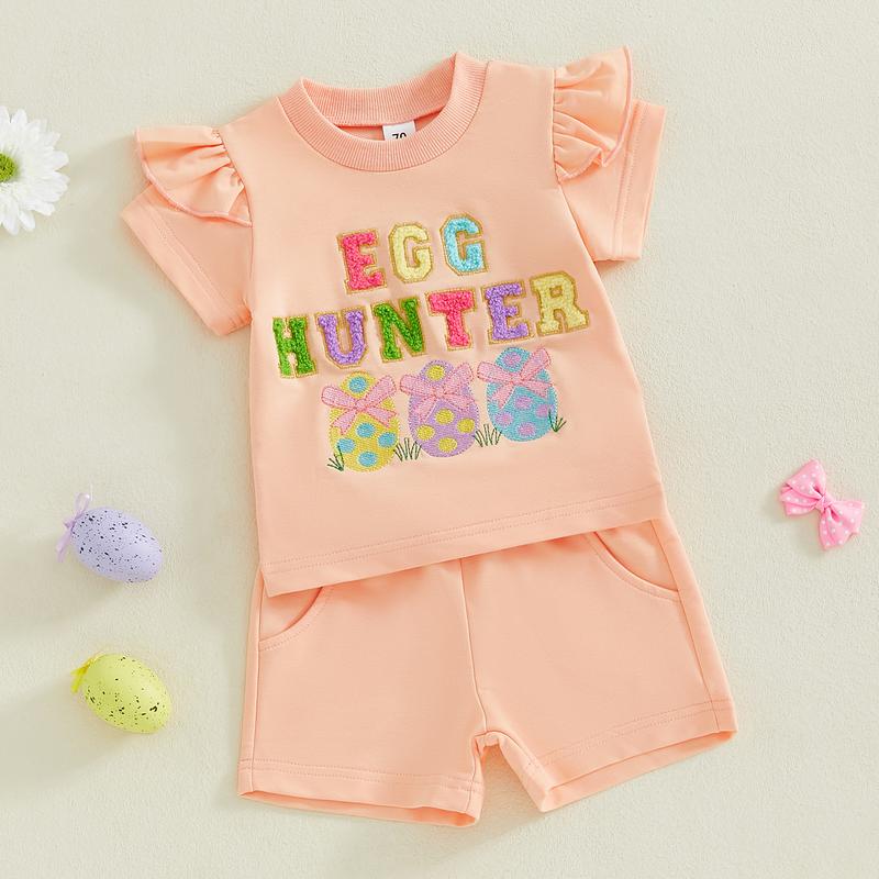 Toddler Baby Girl Easter Outfits Letter Embroidery Crew Neck Short Sleeve T-Shirt with Shorts 2 Pcs Set for Spring& Summer