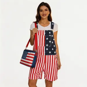 Unisex American Flag Romper Style Denim Shorts Overalls for Summer Holidays Breathable Cotton Blend Stretchy Waist Ideal for 4th of July Carnival Family Gatherings or Patriotic Concerts 250th Independence Day Edition
